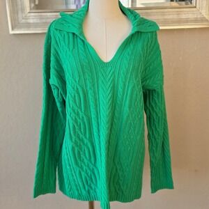 J.Jill Petite Green Cable Knit Cotton‎ Blend V Neck Collared Sweater Medium MPe